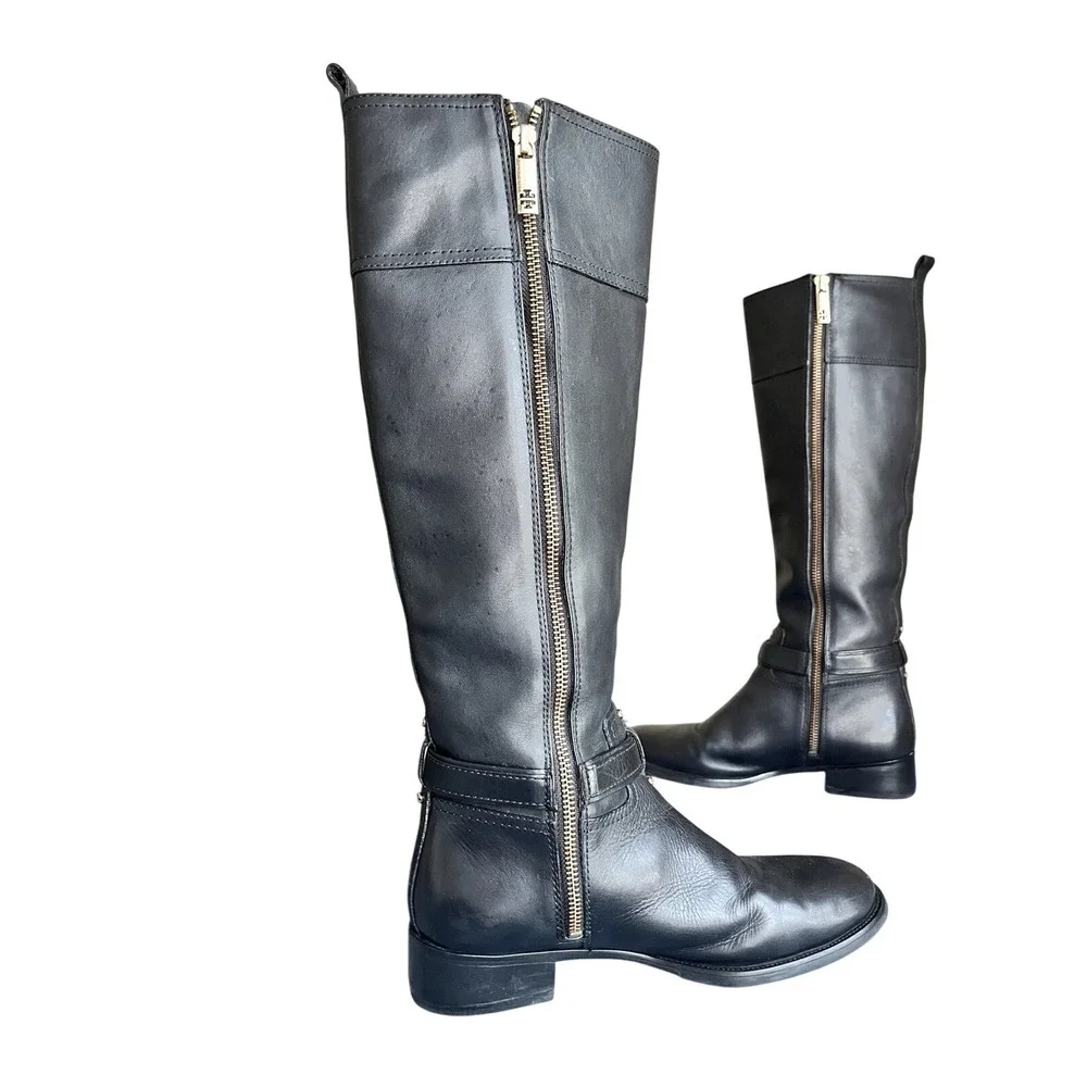 Tory Burch Women's Blair Black Leather Gold Buckle Riding Boots Shoes Size 8
